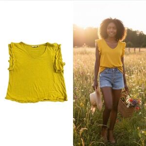 Chico's 100% Linen Flutter Sleeve Yellow Loose Fitting Top Size 3